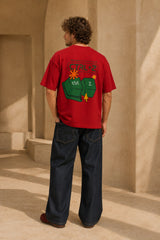 Red oversized t-shirt with Ctrl+Z shortcut print in teal green on left chest, quirky streetwear India
