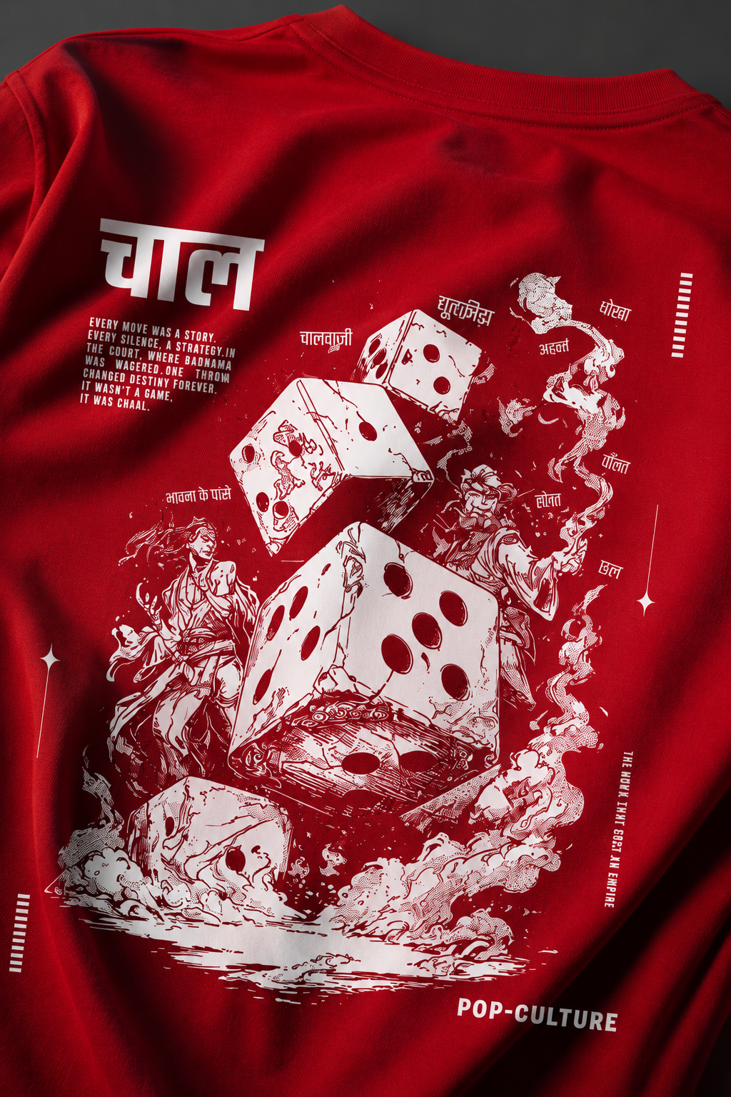 CHAL brand red oversized t-shirt with white graphic print of dice and text. Model wearing the t-shirt to showcase the relaxed, oversized fit.