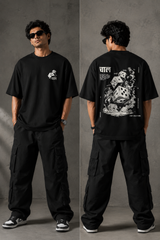 CHAL brand red oversized t-shirt with white graphic print of dice and text. Model wearing the t-shirt to showcase the relaxed, oversized fit. - black