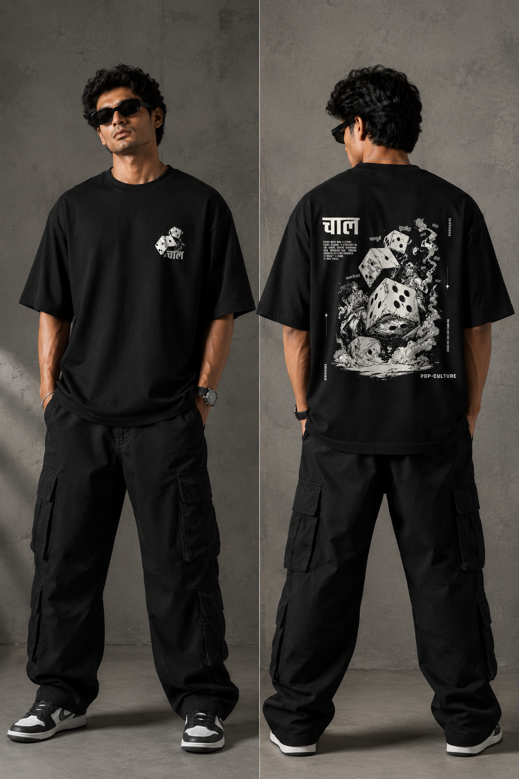 CHAL brand red oversized t-shirt with white graphic print of dice and text. Model wearing the t-shirt to showcase the relaxed, oversized fit. - black
