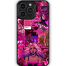 Phone case with a vibrant pink and purple design featuring a woman with colorful hair on a white background.