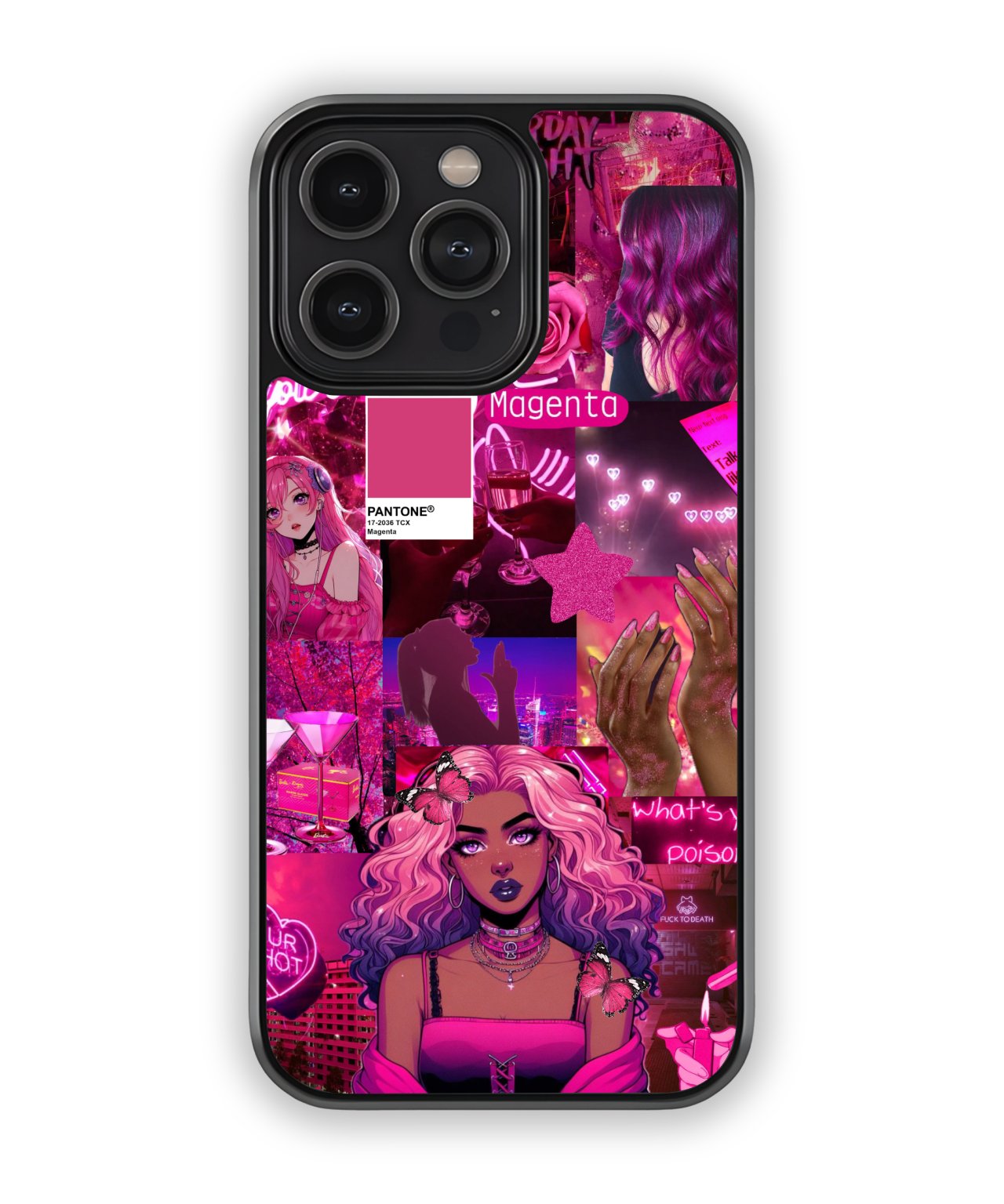 Phone case with a vibrant pink and purple design featuring a woman with colorful hair on a white background.