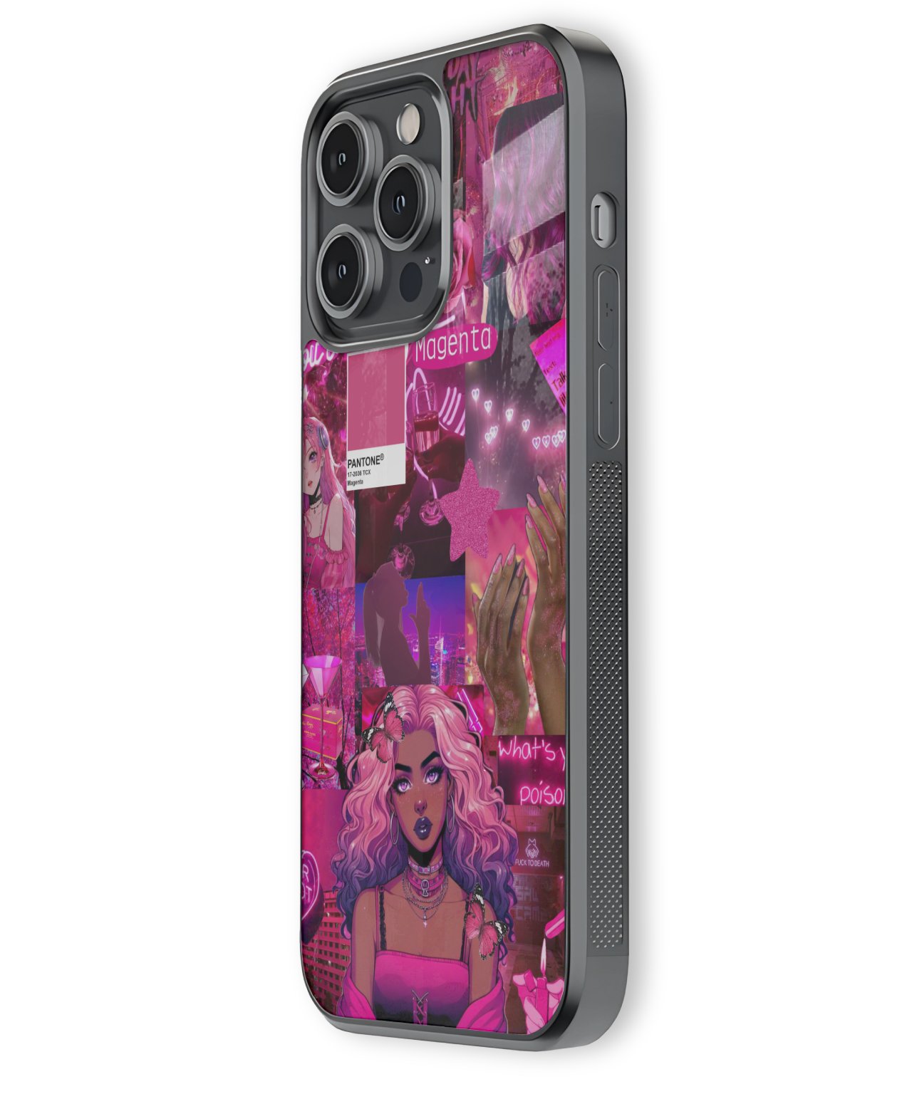 Phone case with a colorful design featuring a woman's face on a white background
