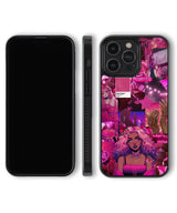 Phone case with a vibrant design featuring a woman with pink hair and neon text on a white background
