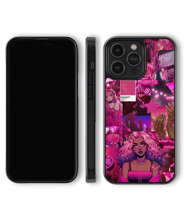 Phone case with a vibrant design featuring a woman with pink hair and neon text on a white background