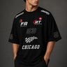 Black oversized t-shirt with 'Chicago' graphic print and racing-inspired logos. Offers premium streetwear style. - black
