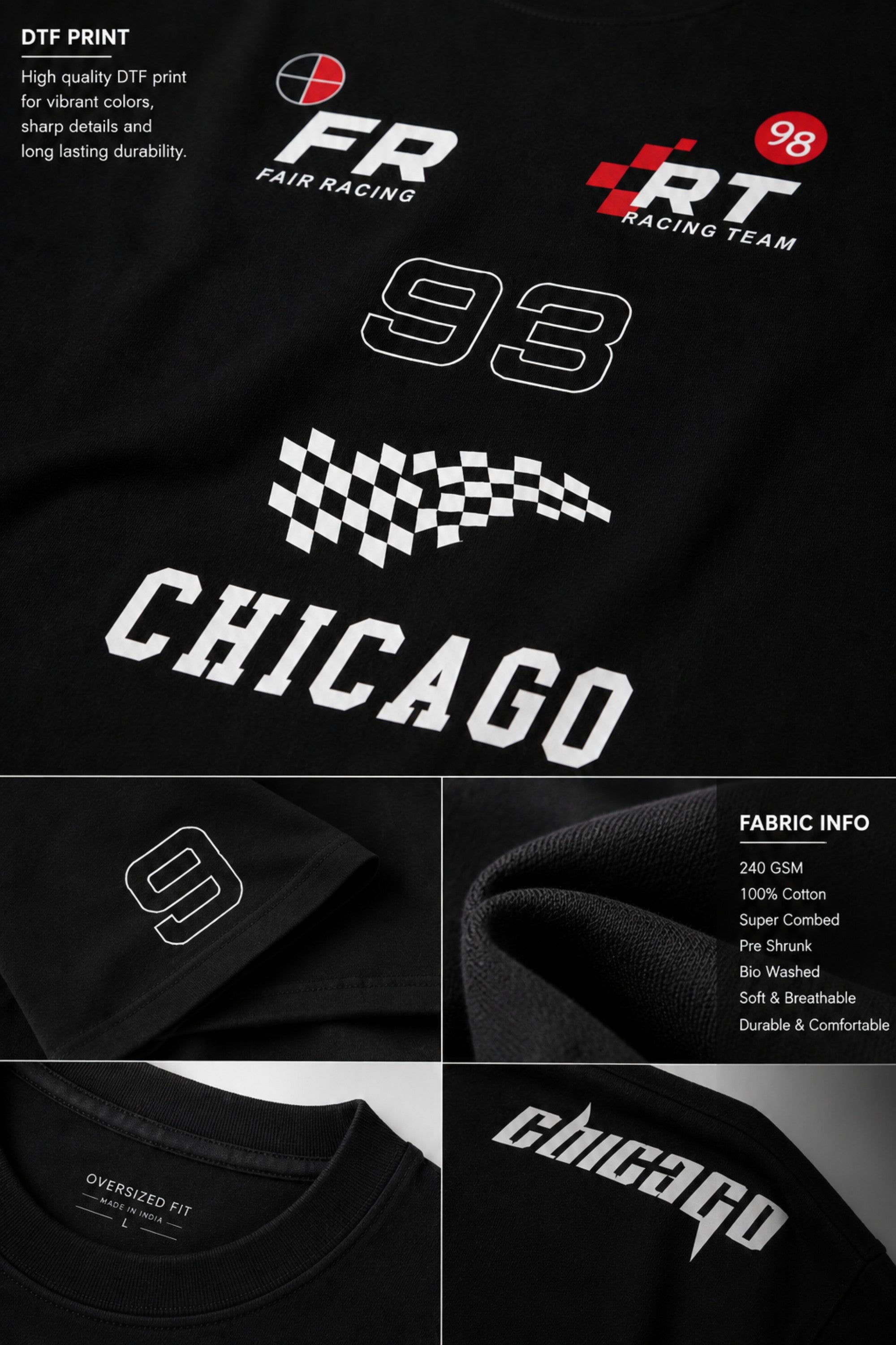 Black oversized t-shirt with 'Chicago' graphic print and racing-inspired logos. Offers premium streetwear style.