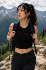 Black and beige ribbed crop tank top with Colombia themed graphic print Latin aesthetic women fitted sleeveless top
