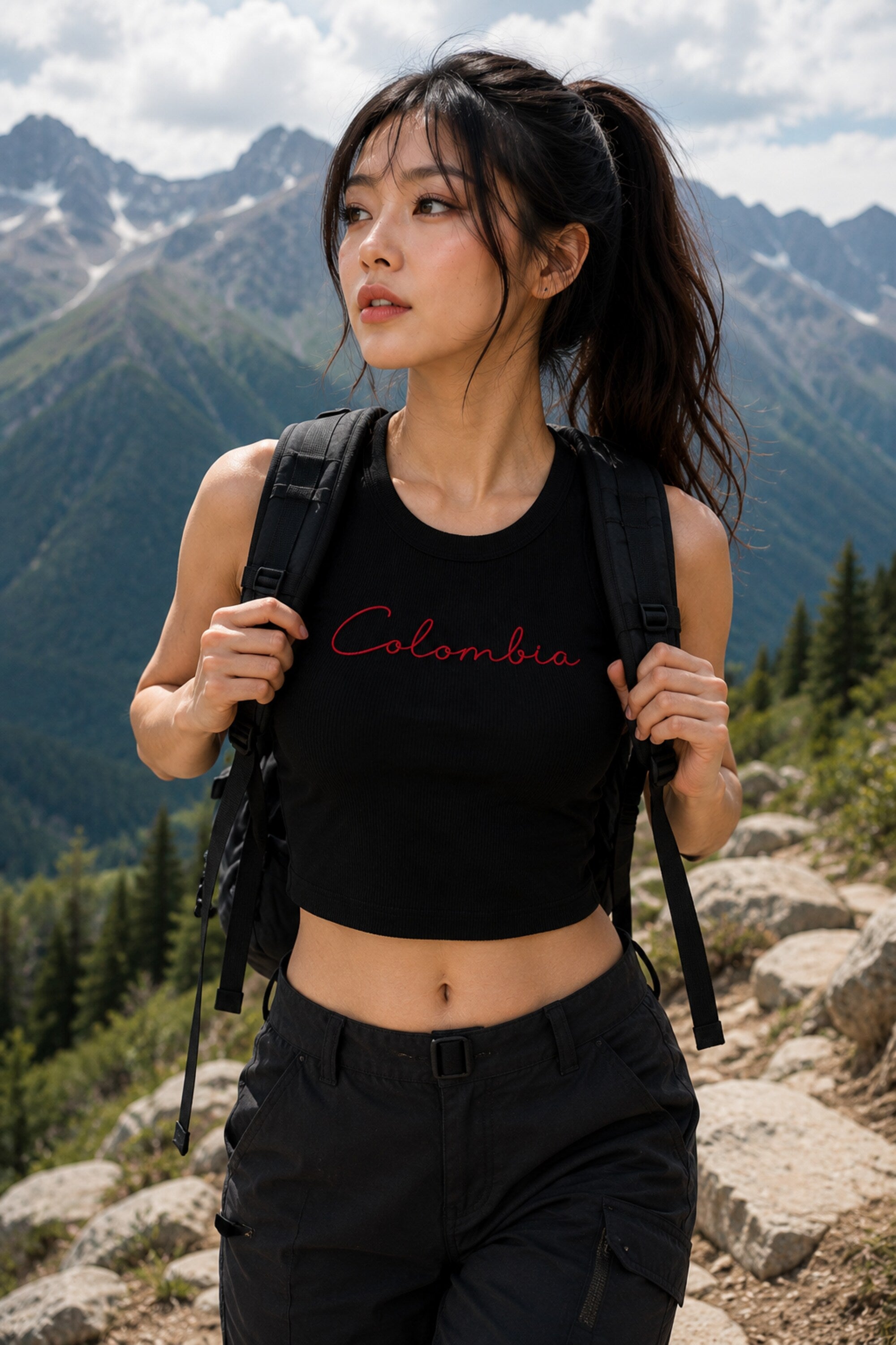Black and beige ribbed crop tank top with Colombia themed graphic print Latin aesthetic women fitted sleeveless top