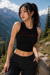 Black and beige ribbed crop tank top with Colombia themed graphic print Latin aesthetic women fitted sleeveless top