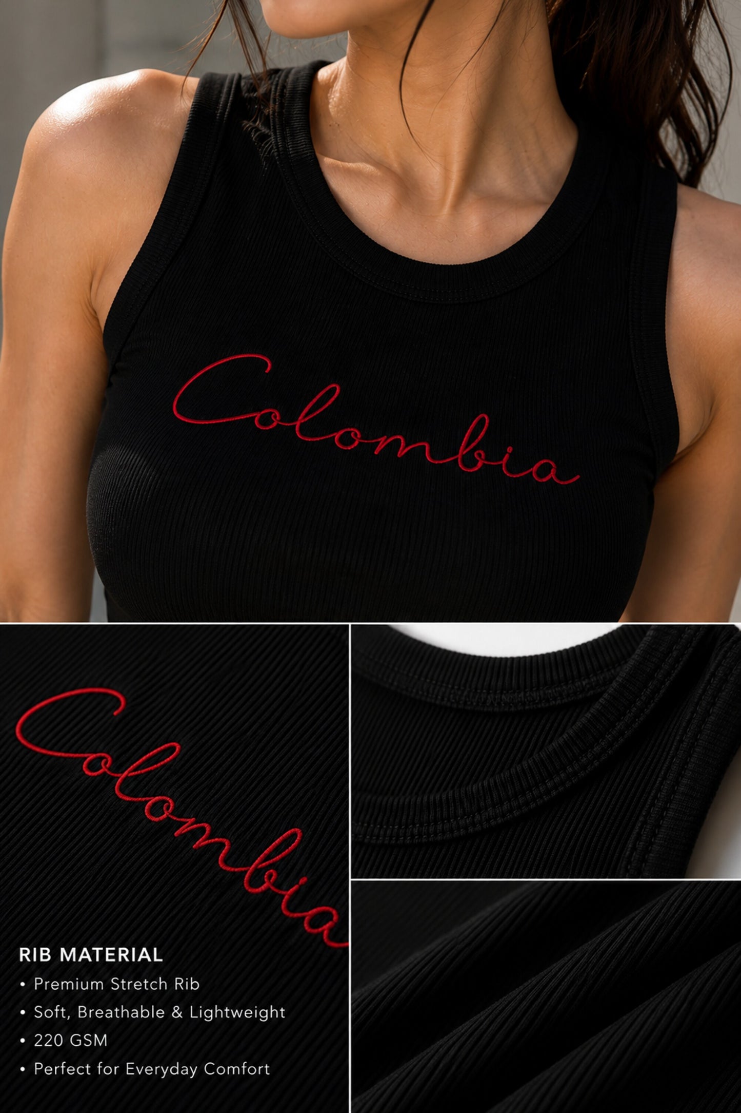 Black and beige ribbed crop tank top with Colombia themed graphic print Latin aesthetic women fitted sleeveless top