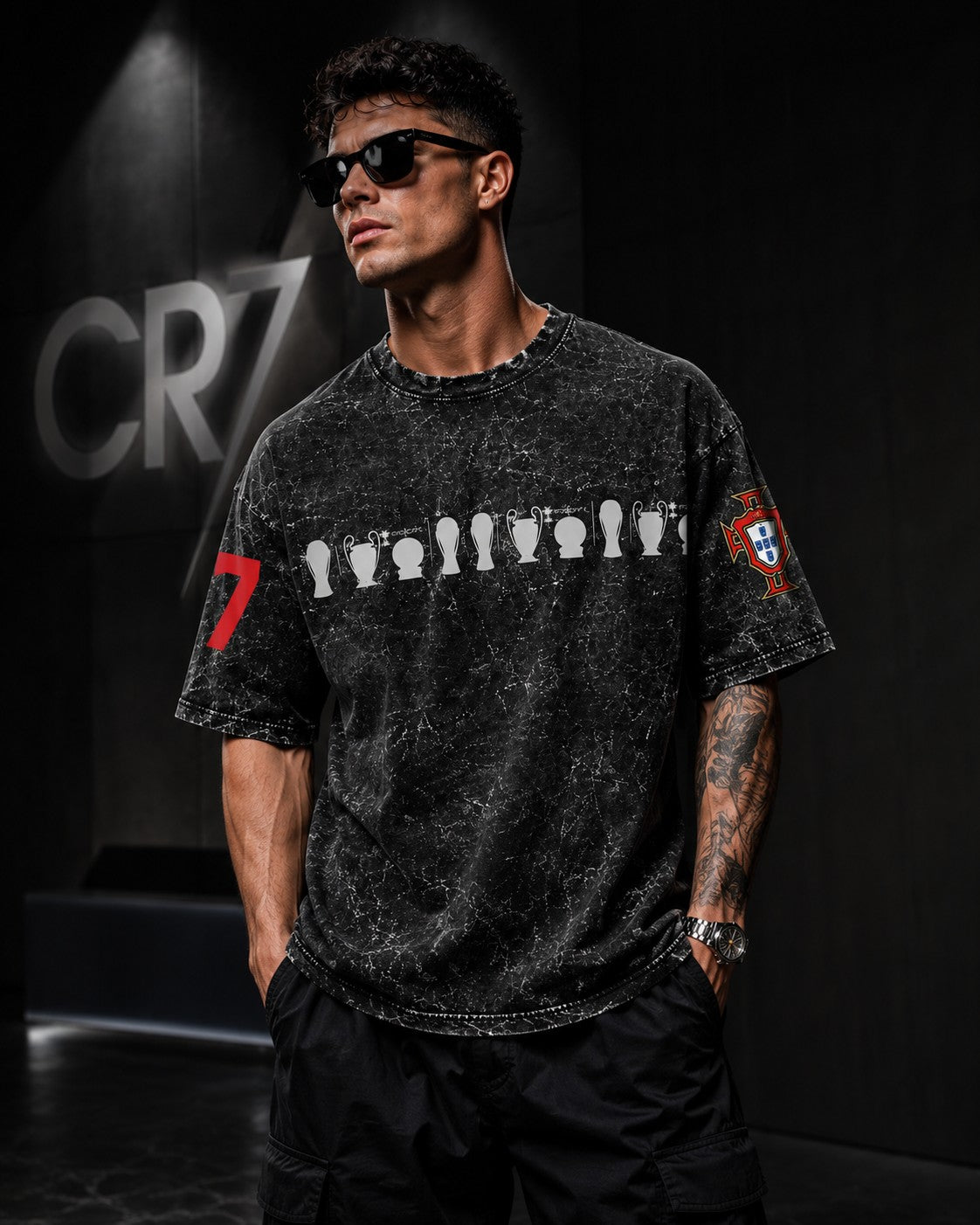 Cristiano Ronaldo CR7 acid wash oversized tshirt India front – trophy wall design – PopCase ₹799 free shipping