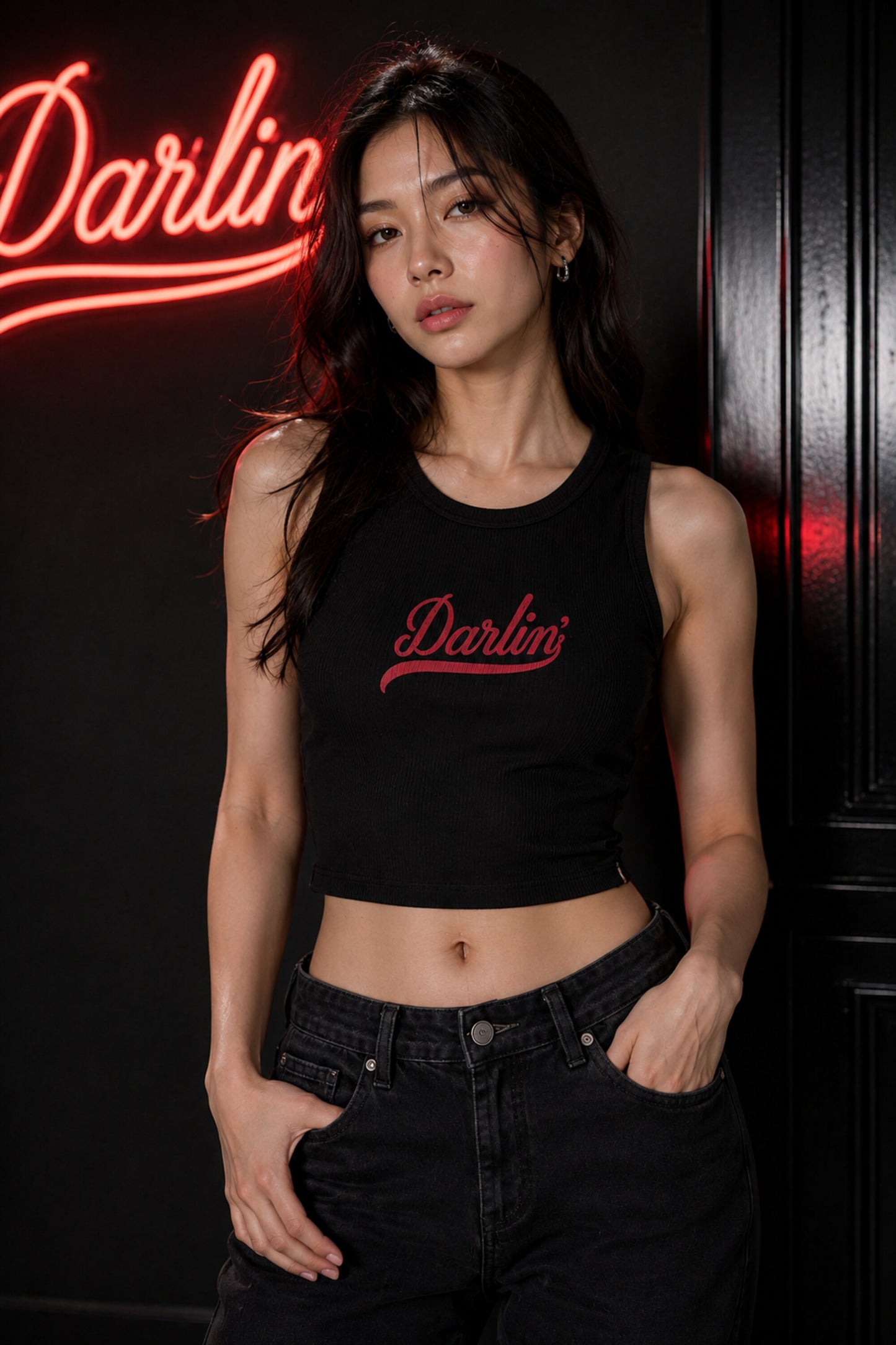 Black fitted ribbed crop tank top Darlin vintage red cursive baseball script underline swash dark romantic rock girl POPCASE women - black