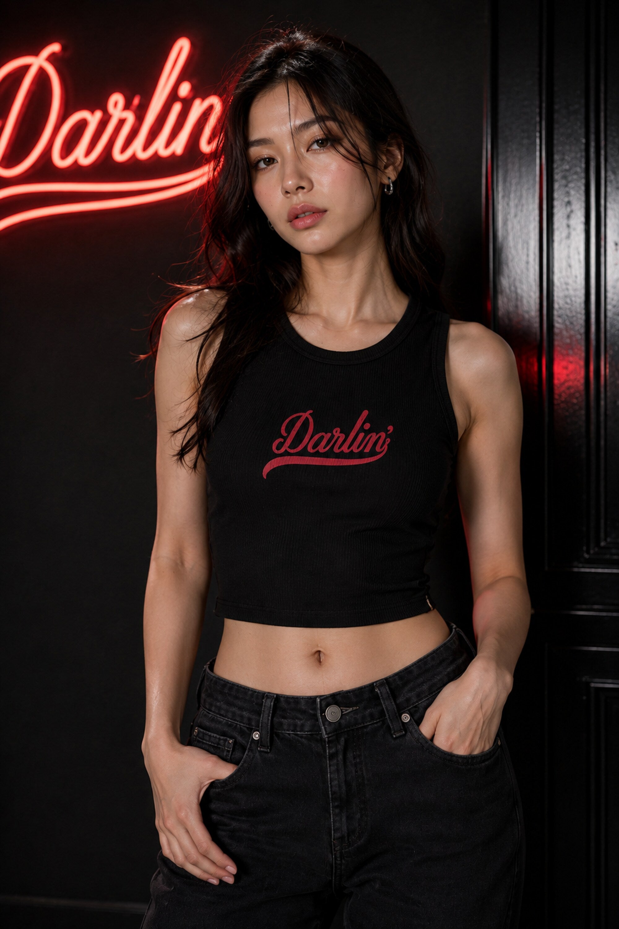 Black fitted ribbed crop tank top Darlin vintage red cursive baseball script underline swash dark romantic rock girl POPCASE women - black