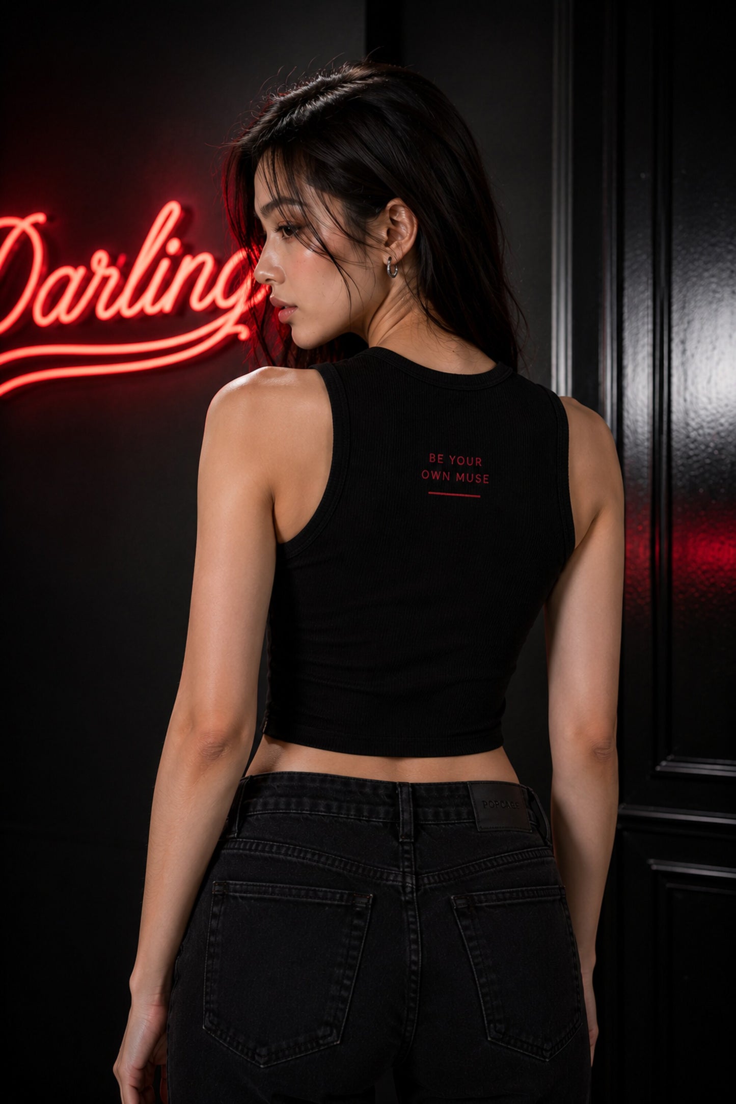 Black fitted ribbed crop tank top Darlin vintage red cursive baseball script underline swash dark romantic rock girl POPCASE women