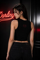 Black fitted ribbed crop tank top Darlin vintage red cursive baseball script underline swash dark romantic rock girl POPCASE women