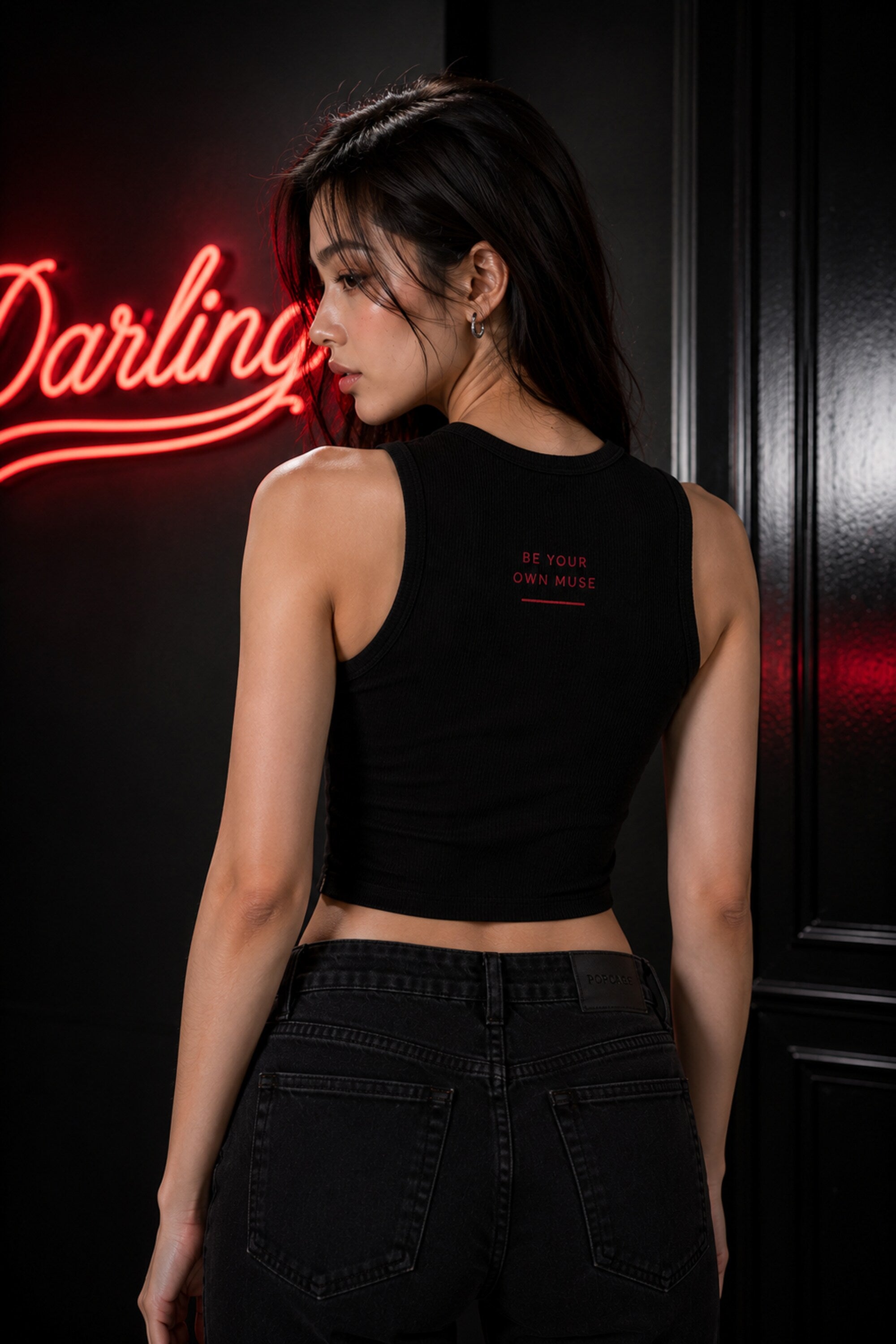 Black fitted ribbed crop tank top Darlin vintage red cursive baseball script underline swash dark romantic rock girl POPCASE women