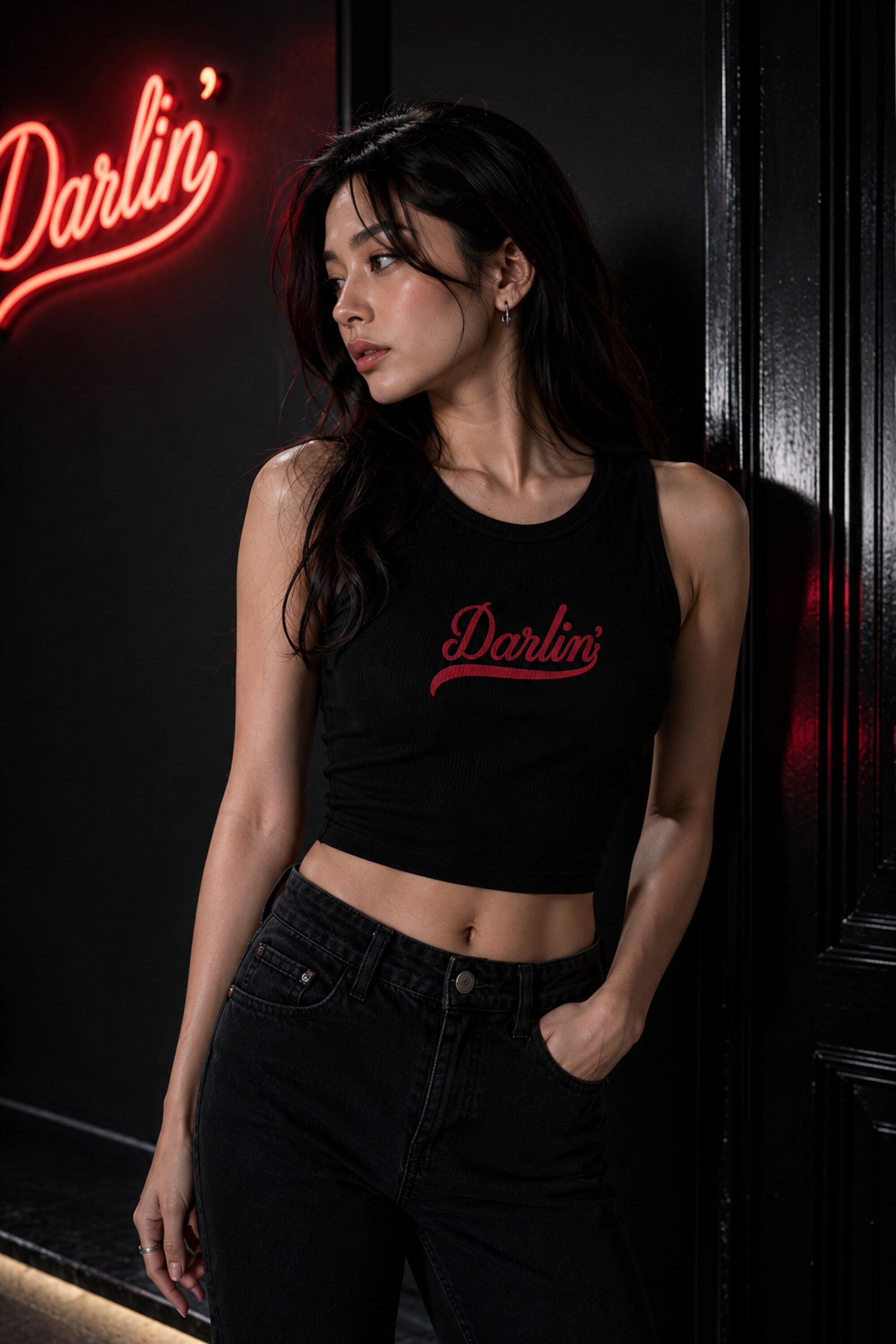 Black fitted ribbed crop tank top Darlin vintage red cursive baseball script underline swash dark romantic rock girl POPCASE women