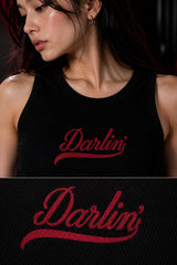 Black fitted ribbed crop tank top Darlin vintage red cursive baseball script underline swash dark romantic rock girl POPCASE women
