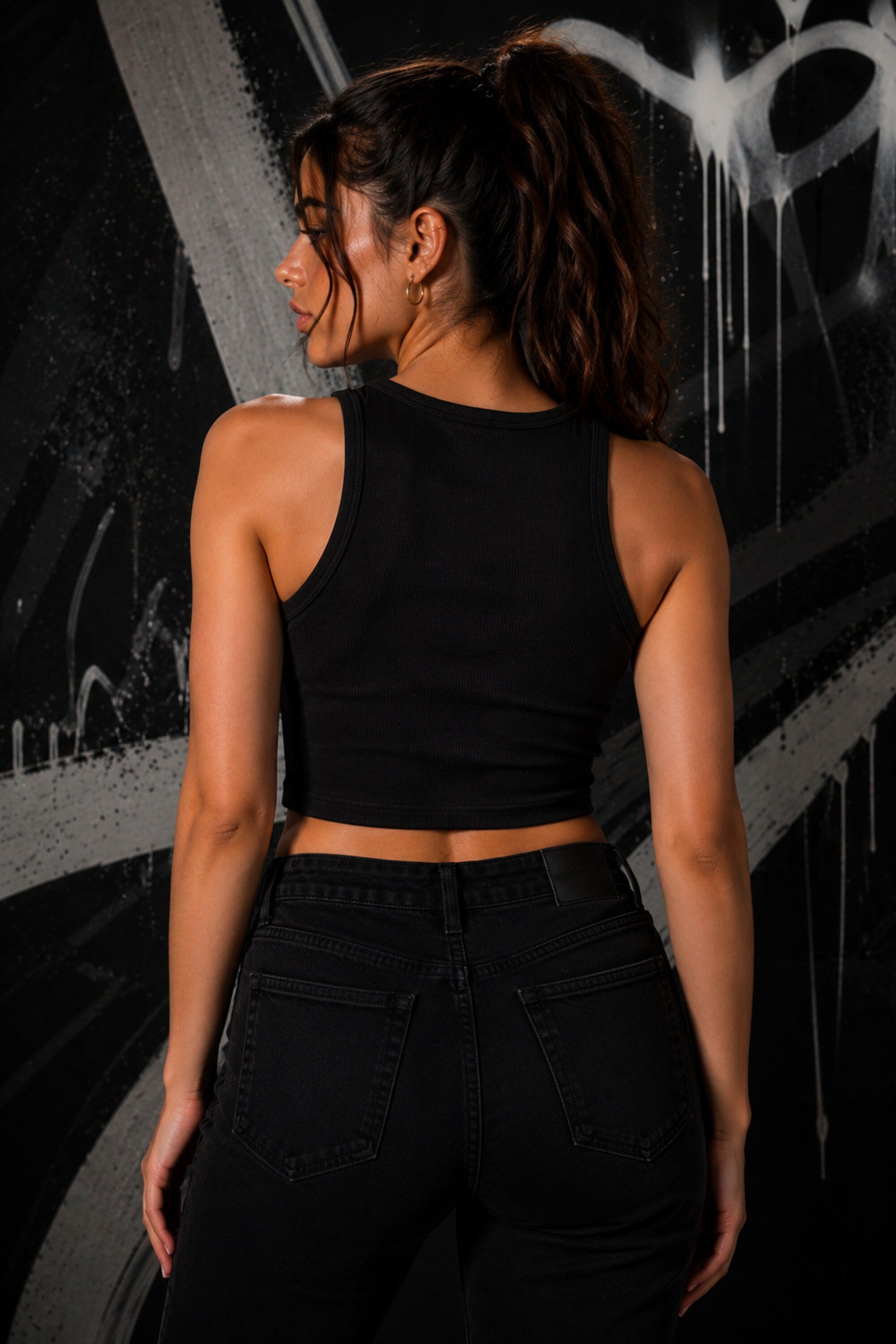 Black fitted ribbed crop tank top line-art bear playing guitar Death Metal text chest print alt grunge aesthetic POPCASE women