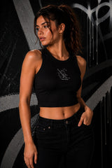 Black fitted ribbed crop tank top line-art bear playing guitar Death Metal text chest print alt grunge aesthetic POPCASE women