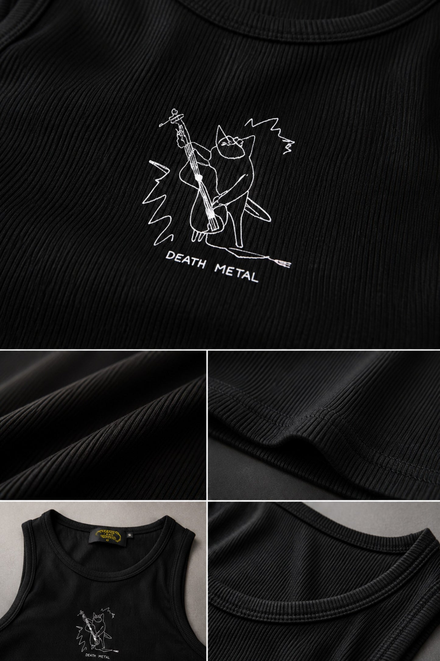 Black fitted ribbed crop tank top line-art bear playing guitar Death Metal text chest print alt grunge aesthetic POPCASE women
