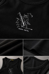 Black fitted ribbed crop tank top line-art bear playing guitar Death Metal text chest print alt grunge aesthetic POPCASE women