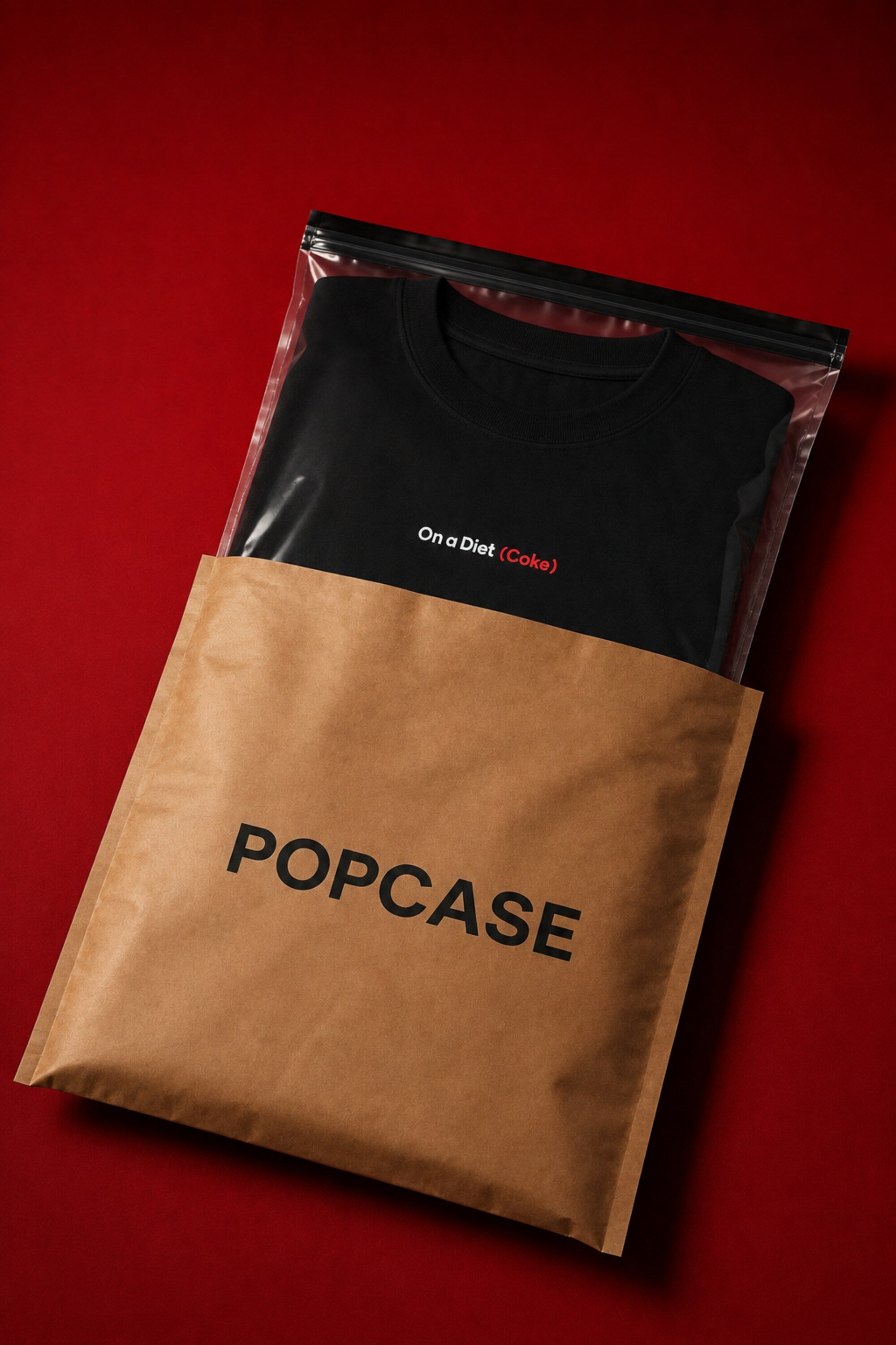 On a Diet Coke black oversized t-shirt with white and red chest print