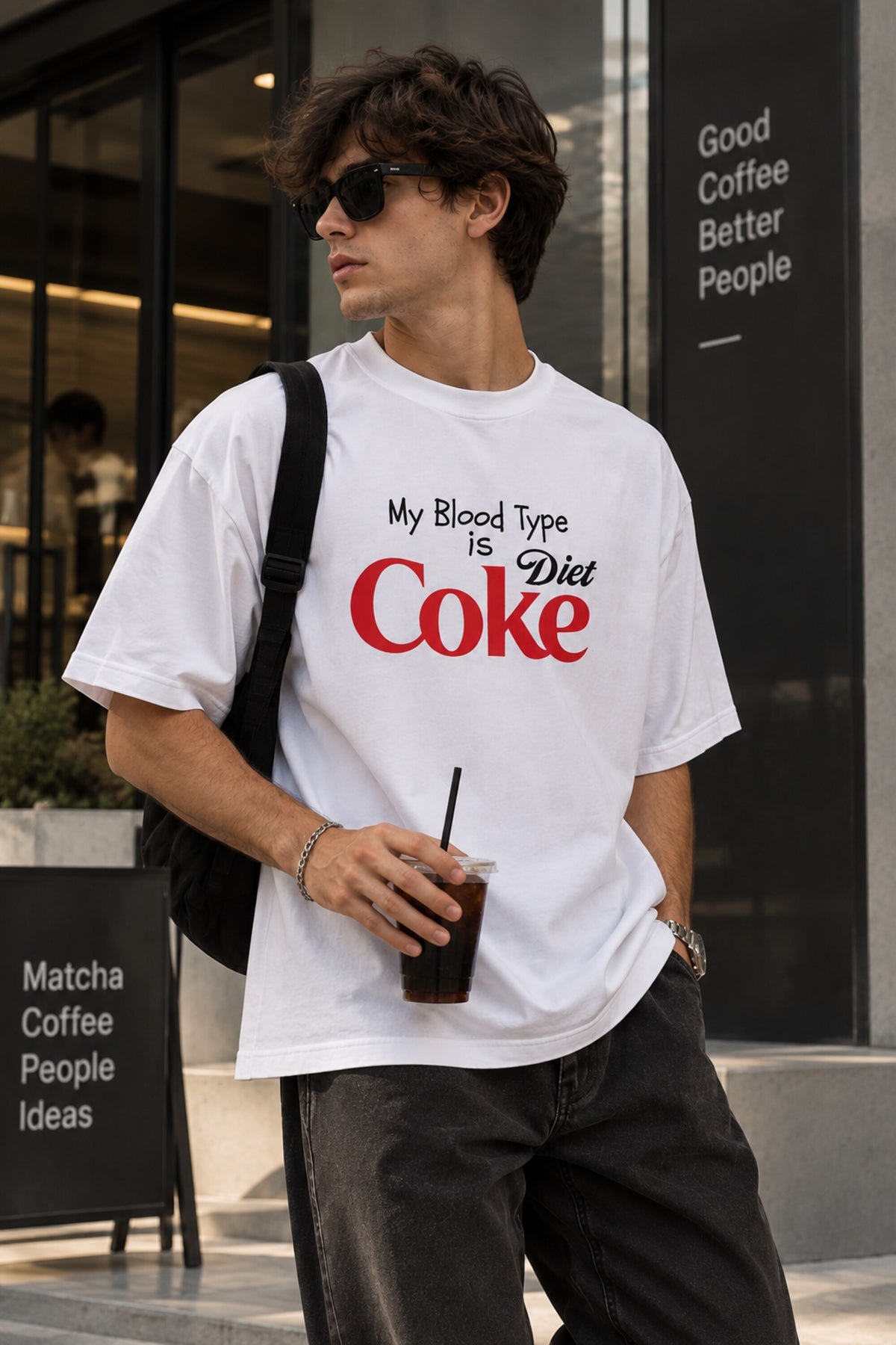 White oversized tshirt with My Blood Type is Diet Coke slogan in red and black Coke-style print on chest, boxy fit, men India