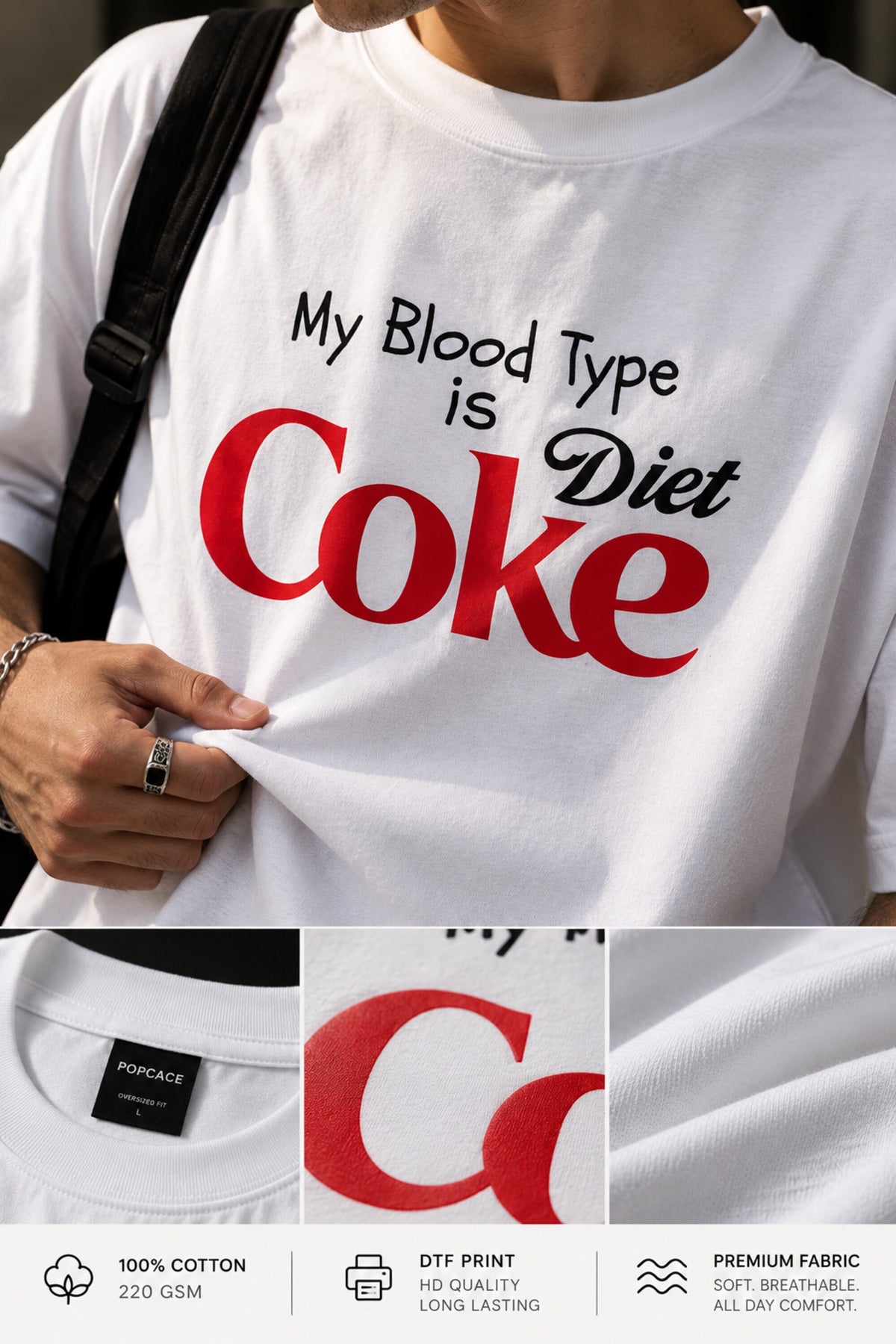 White oversized tshirt with My Blood Type is Diet Coke slogan in red and black Coke-style print on chest, boxy fit, men India