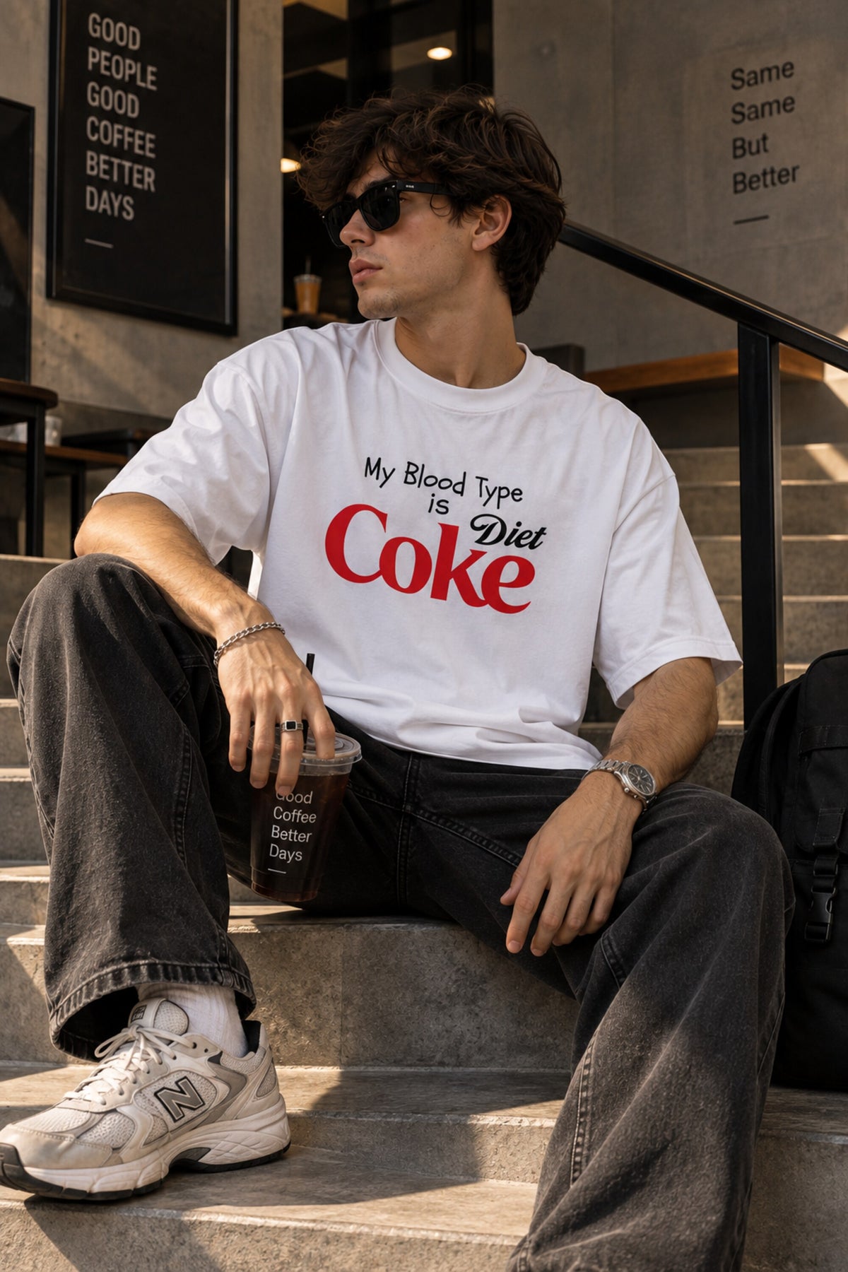 White oversized tshirt with My Blood Type is Diet Coke slogan in red and black Coke-style print on chest, boxy fit, men India