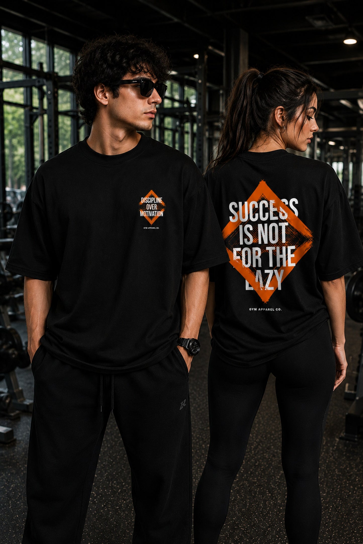 Black unisex oversized t shirt Discipline Over Motivation orange chest Success Is Not For The Lazy back graphic POPCASE gym streetwear - black