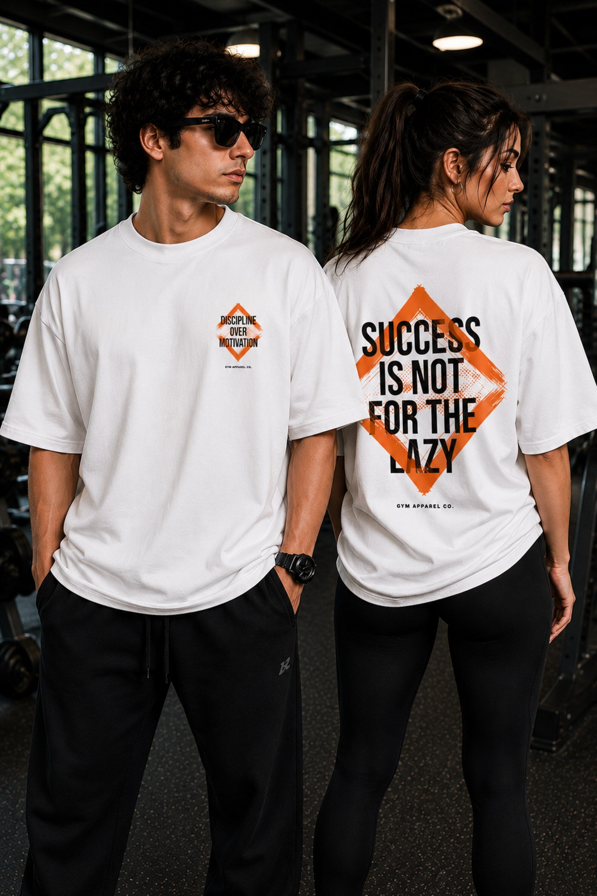 Black unisex oversized t shirt Discipline Over Motivation orange chest Success Is Not For The Lazy back graphic POPCASE gym streetwear - white