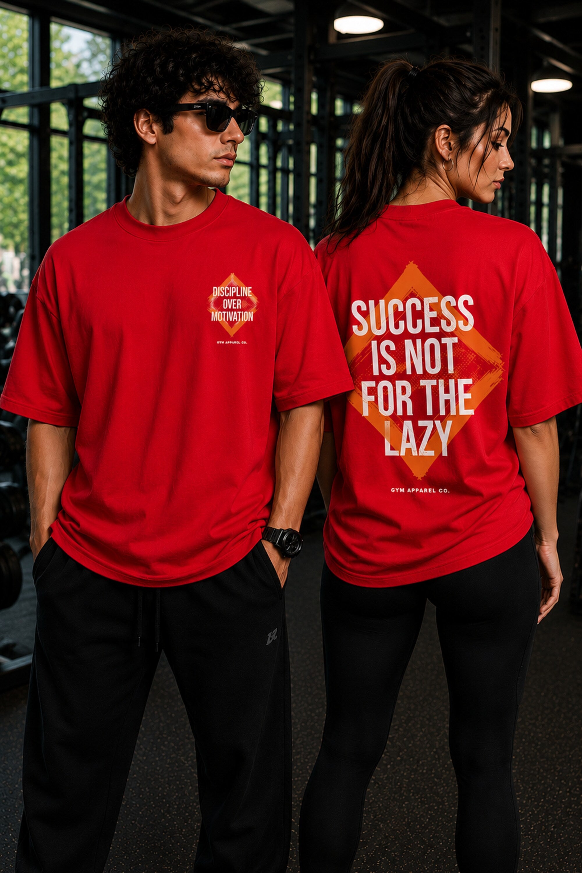 Black unisex oversized t shirt Discipline Over Motivation orange chest Success Is Not For The Lazy back graphic POPCASE gym streetwear - red