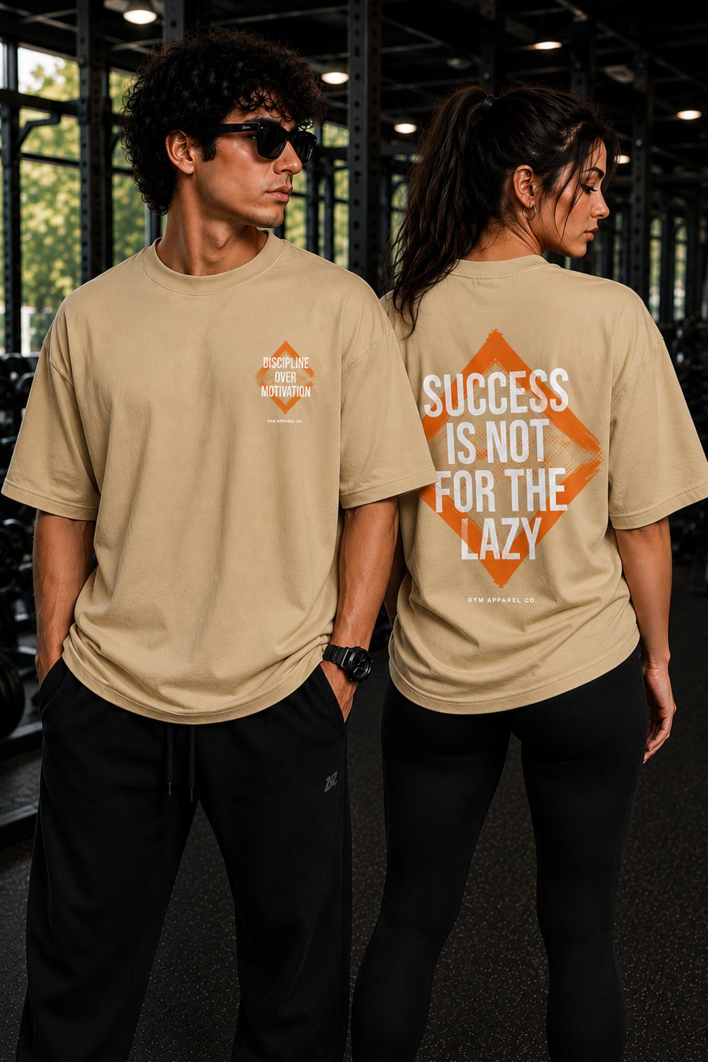 Black unisex oversized t shirt Discipline Over Motivation orange chest Success Is Not For The Lazy back graphic POPCASE gym streetwear - beige