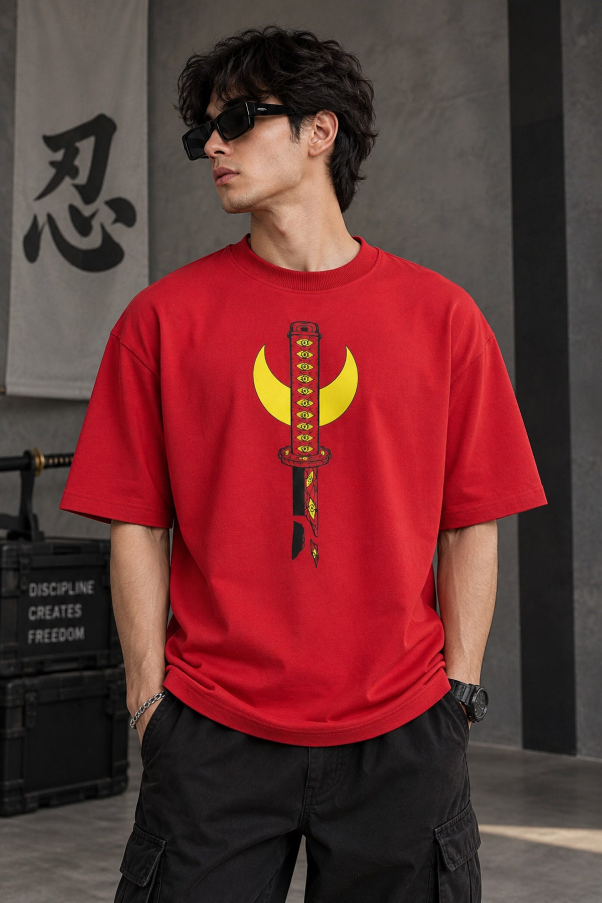 Red Demon Slayer anime oversized tshirt with six Upper Moon demon eyes HD print and Discipline Creates Freedom text