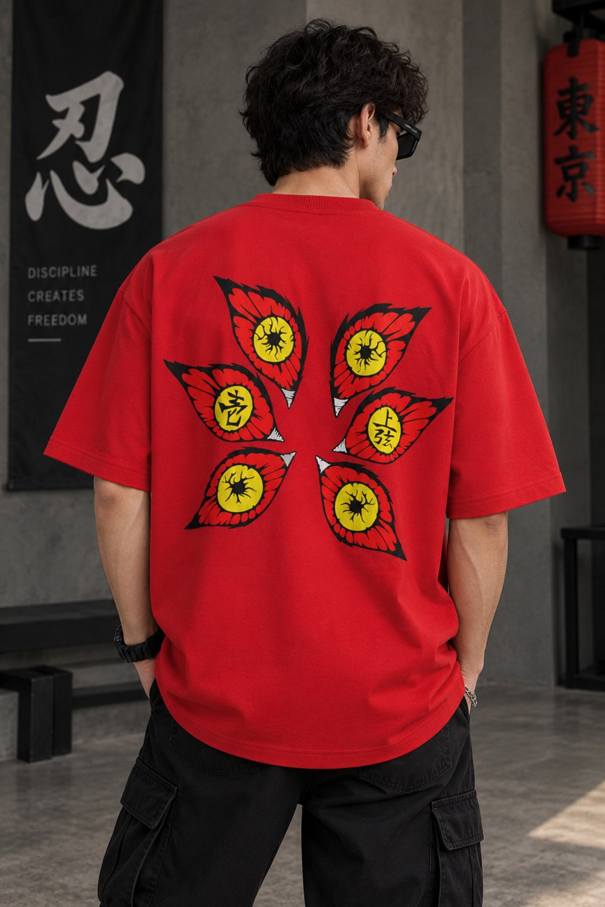 Red Demon Slayer anime oversized tshirt with six Upper Moon demon eyes HD print and Discipline Creates Freedom text