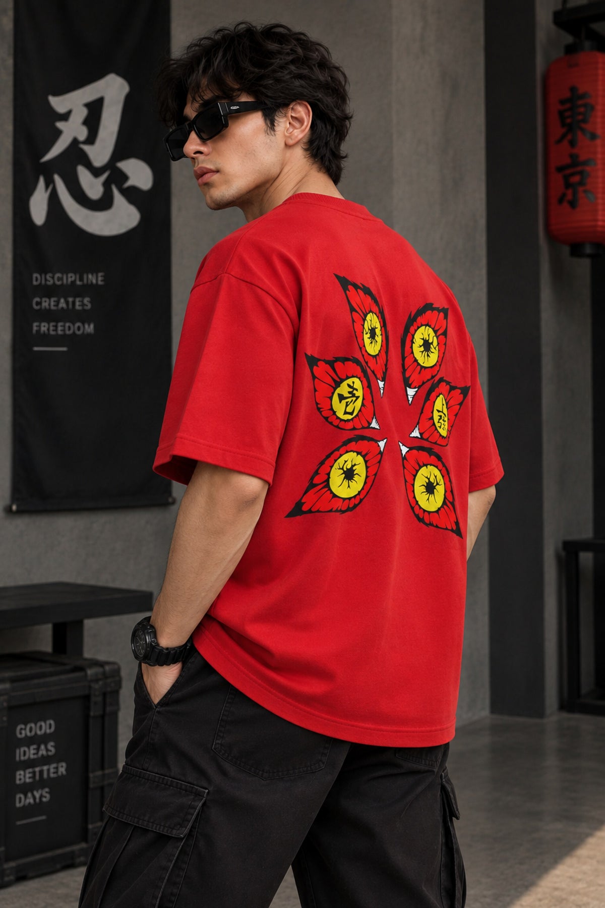 Red Demon Slayer anime oversized tshirt with six Upper Moon demon eyes HD print and Discipline Creates Freedom text