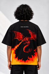 Black oversized tshirt with orange red rising flame wall from hem and Rise Higher text on chest, drop shoulder boxy fit, men India
