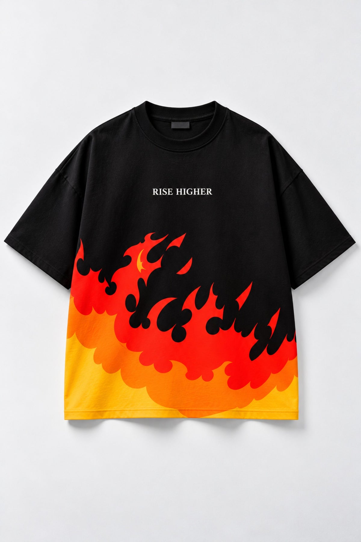 Black oversized tshirt with orange red rising flame wall from hem and Rise Higher text on chest, drop shoulder boxy fit, men India