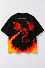 Black oversized tshirt with orange red rising flame wall from hem and Rise Higher text on chest, drop shoulder boxy fit, men India