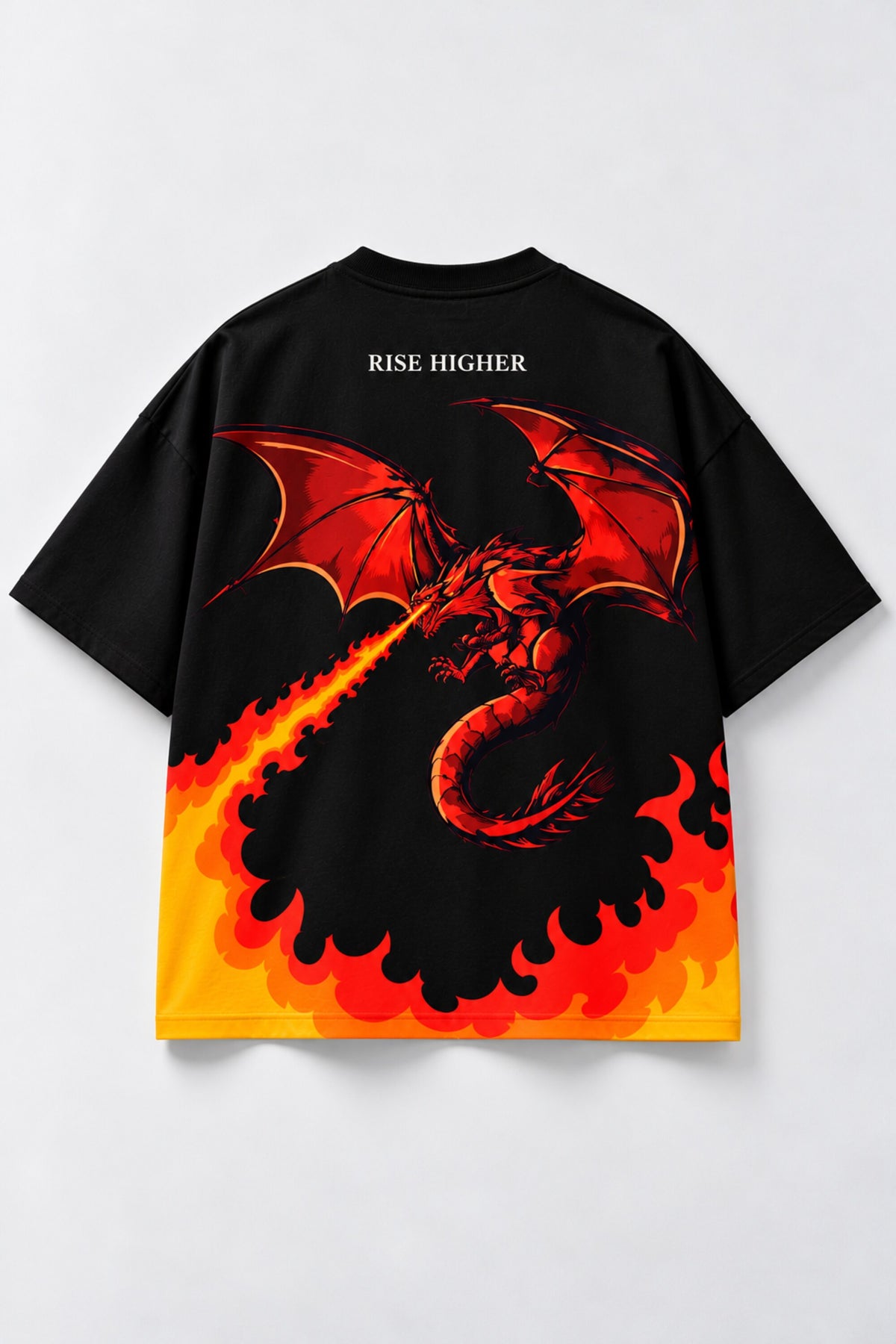 Black oversized tshirt with orange red rising flame wall from hem and Rise Higher text on chest, drop shoulder boxy fit, men India