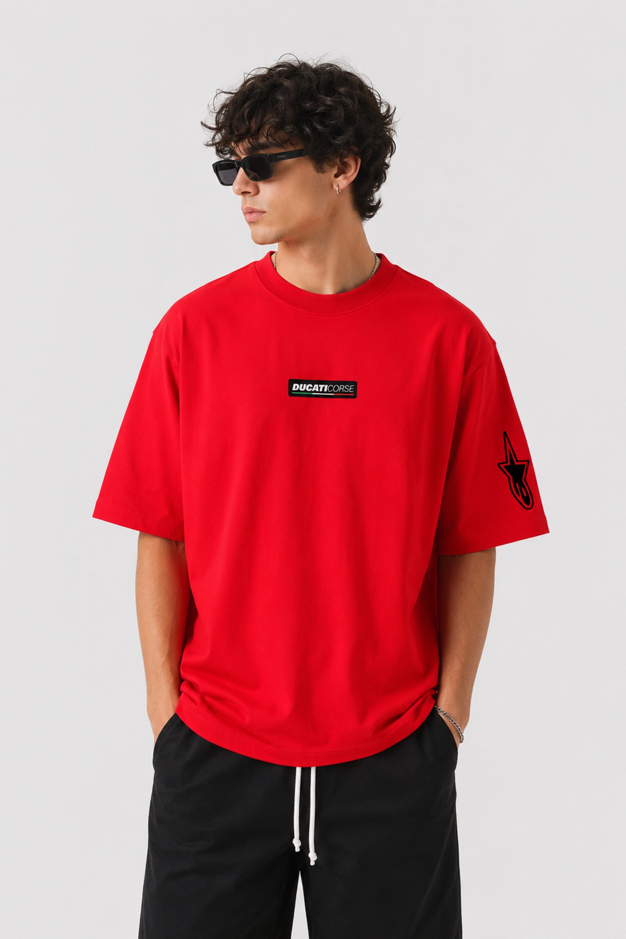 POPCASE red oversized t shirt Ducati Corse badge front Alpinestars sleeve Ducati Panigale V4 motorcycle back Motul graphic streetwear tshirt