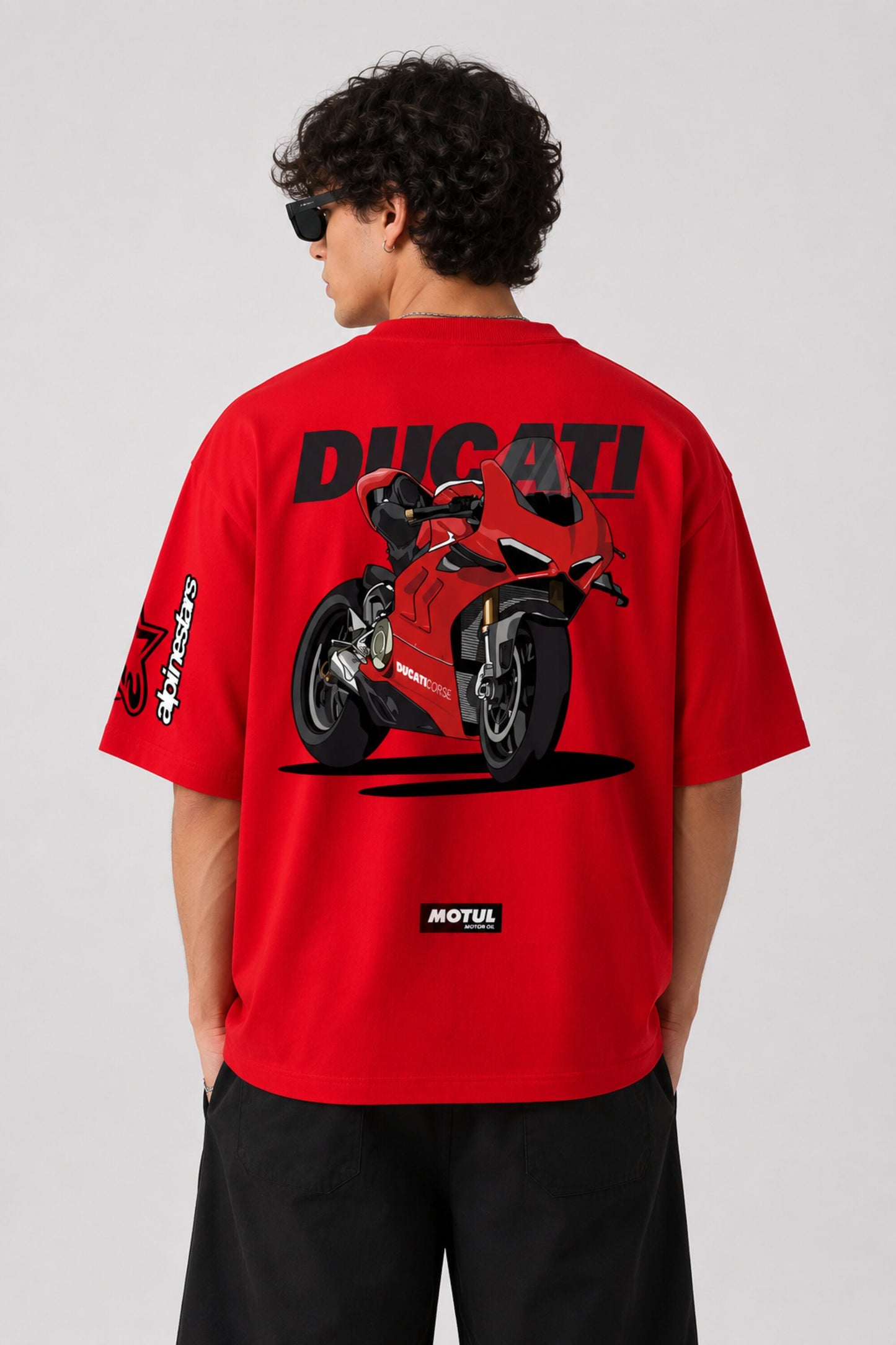 POPCASE red oversized t shirt Ducati Corse badge front Alpinestars sleeve Ducati Panigale V4 motorcycle back Motul graphic streetwear tshirt