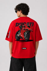 POPCASE red oversized t shirt Ducati Corse badge front Alpinestars sleeve Ducati Panigale V4 motorcycle back Motul graphic streetwear tshirt