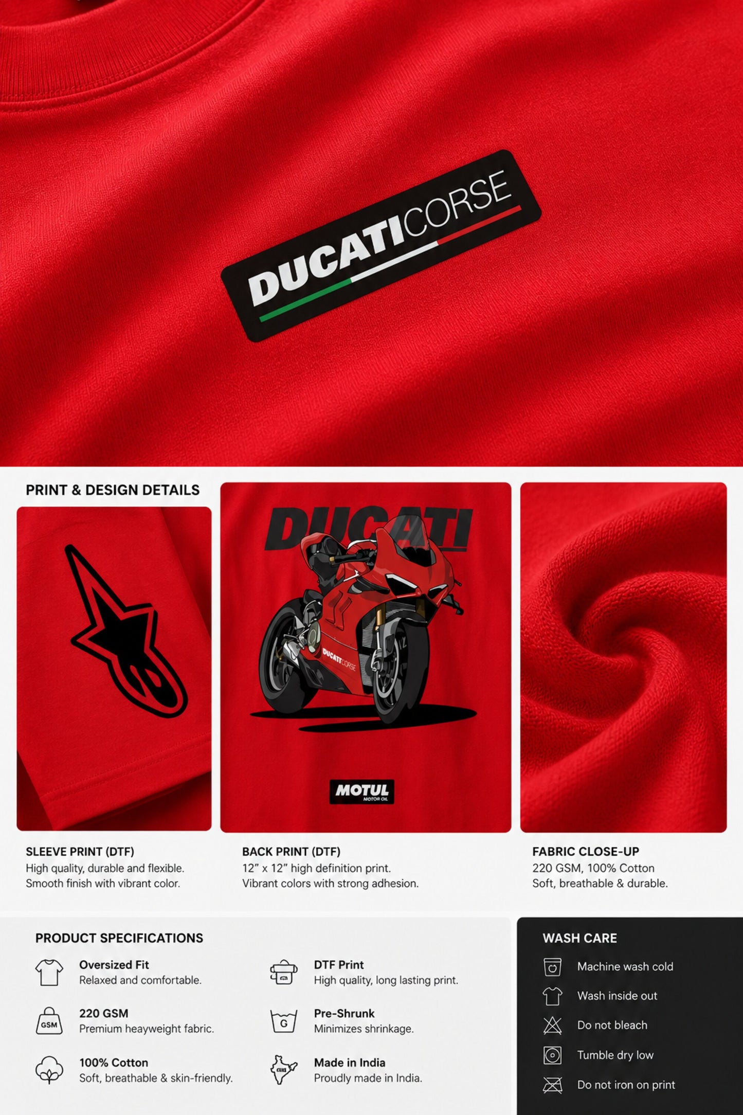 POPCASE red oversized t shirt Ducati Corse badge front Alpinestars sleeve Ducati Panigale V4 motorcycle back Motul graphic streetwear tshirt