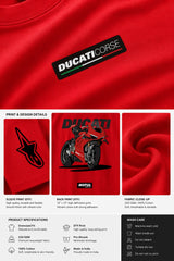 POPCASE red oversized t shirt Ducati Corse badge front Alpinestars sleeve Ducati Panigale V4 motorcycle back Motul graphic streetwear tshirt