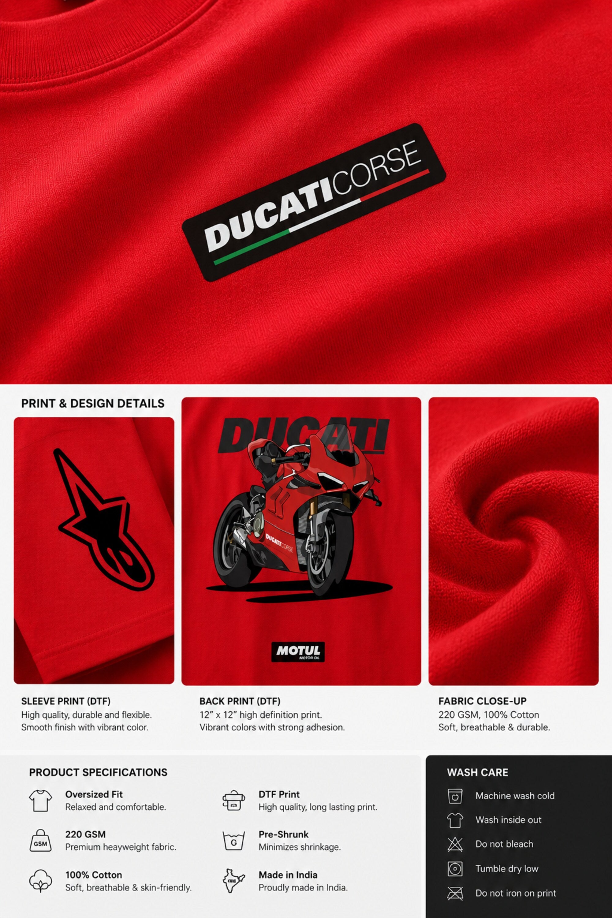 POPCASE red oversized t shirt Ducati Corse badge front Alpinestars sleeve Ducati Panigale V4 motorcycle back Motul graphic streetwear tshirt