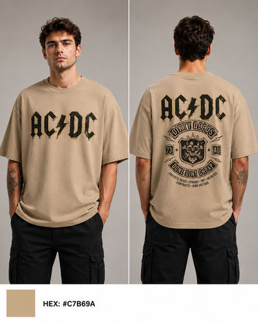 Man wearing a beige AC/DC t-shirt with front and back designs on a gray background