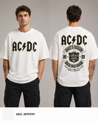 Person wearing an AC/DC t-shirt with front and back designs on a plain background